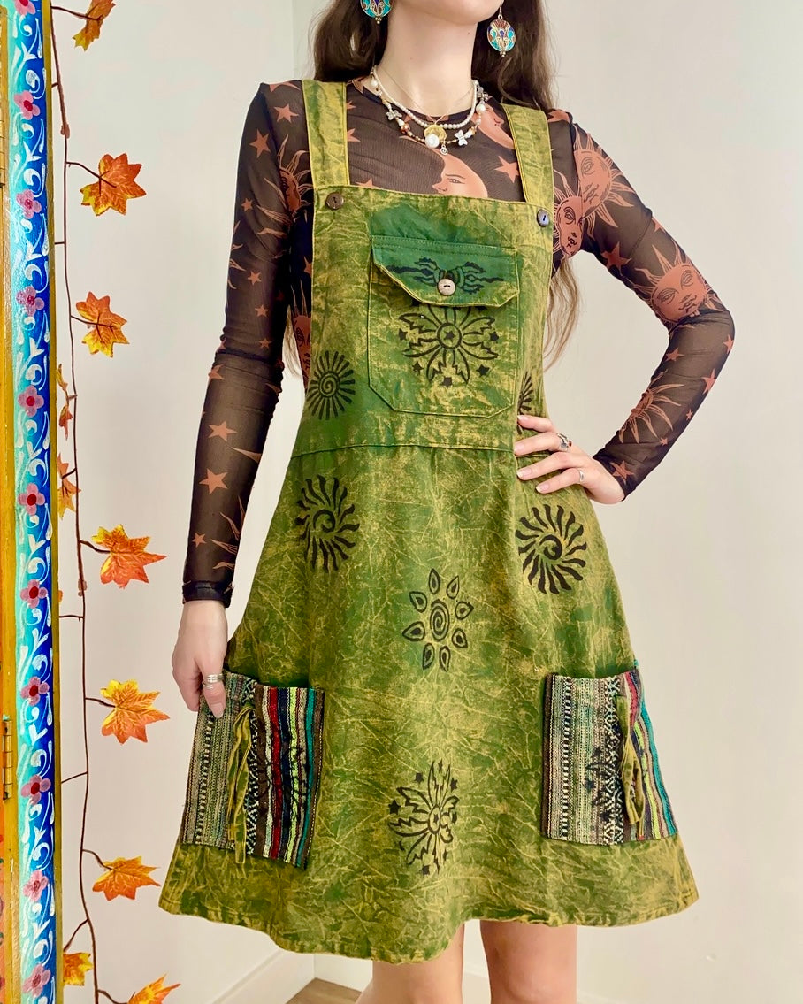 Earthy Green Blockprint Pinafore Dress M L