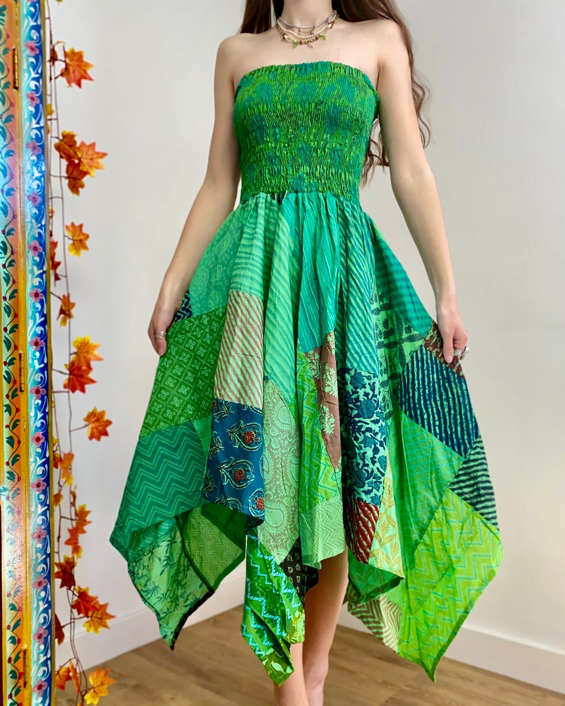 Green Woodlands Patchwork Hippie Dress, Dresses, Green