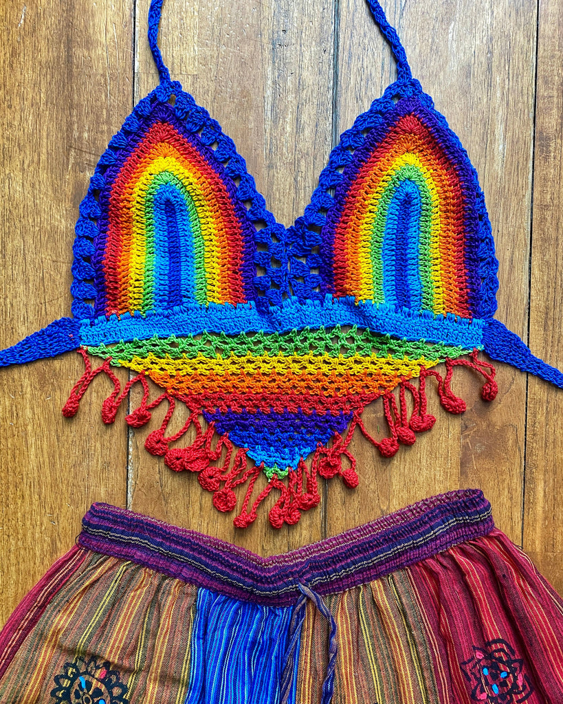 70s rainbow crochet bra top - THRIFTWARES VINTAGE